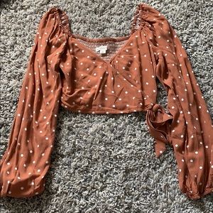 Orange Crop Top with Long Sleeves and White Dots